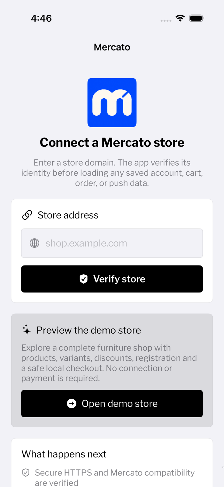 Store connection screen in Mercato