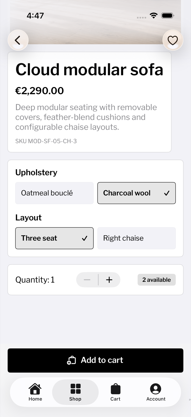 Product option selection in Mercato